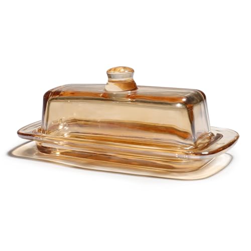Small and Narrow Amber Butter Dish with Lid for Countertop