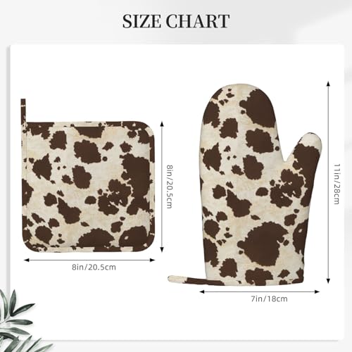 Brown Cowhide Oven Mitts and Pot Holders Sets Silicone Brown Cow Print Kitchen Mitts Cowhide Skin Pattern Potholders Heat Resistant 4Pcs Oven Gloves Hot Pads for Kitchen Baking Cooking (4 Count)