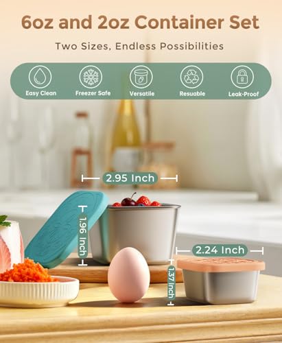 3 Pack 6oz Stainless Steel Snack Containers and 3 Pack 2oz Salad Dressing To Go Containers with Silicone Lids