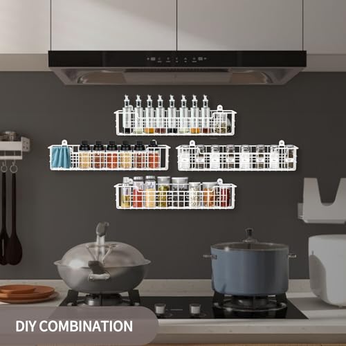 Spice Rack, 4-Pack Seasoning Organizer Wall Mount for Kitchen Storage Organization, Spice Holder Metal Shelf Saving Space for Cabinet, RV, Pantry, White (4 Count)