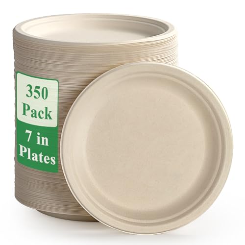 350 Pack Compostable Bagasse Paper Plates 6.9 inch (350 Count)