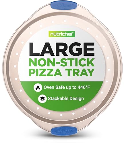 13-Inch Non-Stick Pizza Tray - with Silicone Handle, Round Steel Non-stick Pan with Perforated Holes, Premium Bakeware, Pizza Tray with Extended Handles, Dishwasher Safe - Champagne Gold
