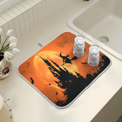 Halloween Witch Bat Castle Pumpkin Dish Drying Mat for Kitchen Counter Absorbent Microfiber Small Drying Pad Dish Mats for Kitchen Countertops 16 x 18 Inch