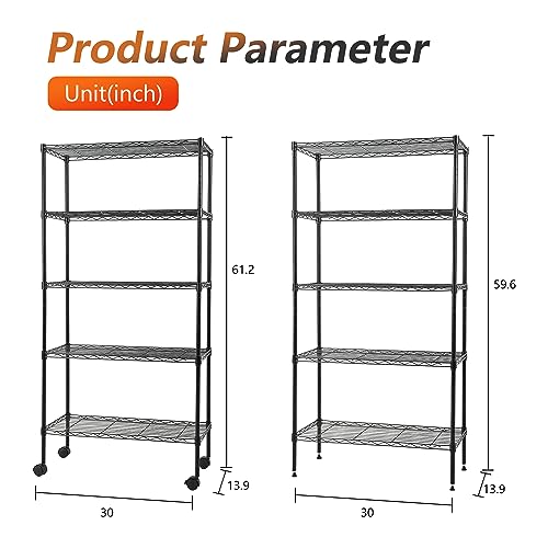 Adjustable 5 Tier Metal Shelf with Wheels (5 Count)