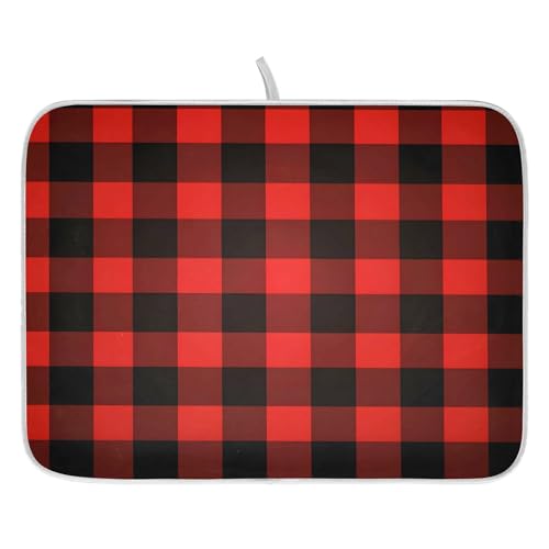 Christmas Red Black Buffalo Plaid Dish Drying Mat for Kitchen Counter Absorbent Microfiber Large Drying Pad Dish Mats for Kitchen Countertops 18 x 24 Inch