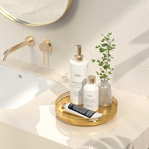 9 Inch Oak Lazy Susan Vanity Tray with Gold Metal Rail
