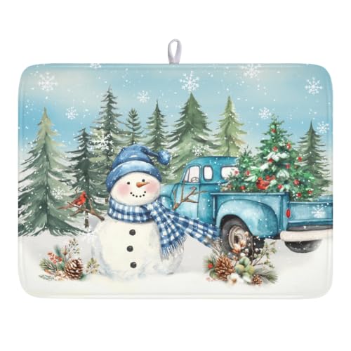 Winter Snowman Blue Dish Drying Mat Xmas Truck Dishes Pad 18"x24" Microfiber Absorbent Drainer Rack Mats Protector for Kitchen Counter Sink