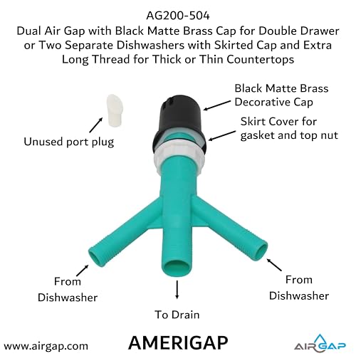 Dual Air Gap with Black Matte Brass Cap for Double Drawer or Two Separate Dishwashers with Skirted Cap and Extra Long Thread for Thick or Thin Countertops