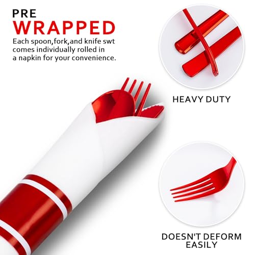 400PCS Pre Rolled Red Plastic Silverware Sets Heavy Duty for Wedding (400 Count)