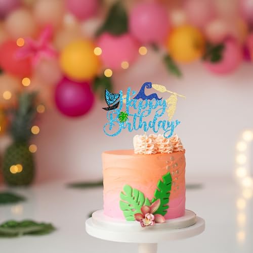 1Pcs Summer Cake Topper Glitter Tree Flower Happy Birthday Cake Pick Decoration for Tropical Hawaiian Luau Theme Baby Shower Kids Birthday Party Cake Decorations Supplies Blue