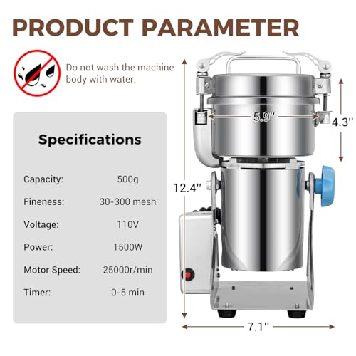 Grain Mill 500g Commercial Spice Grinders Electric 1500W Stainless Steel Pulverizer Dry Grinder for Grinding Wheat