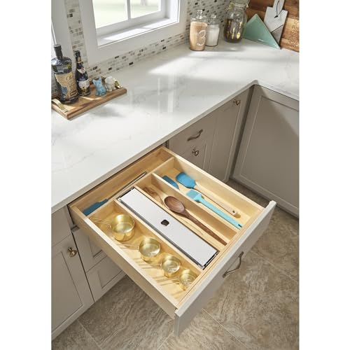 Trim-to-Custom-Fit Silverware Drawer Organizer For Kitchen Utensils, Cutlery Cabinet Storage Divider Insert, 18.5 x 22 In, Maple Wood, 4WUT-1SH