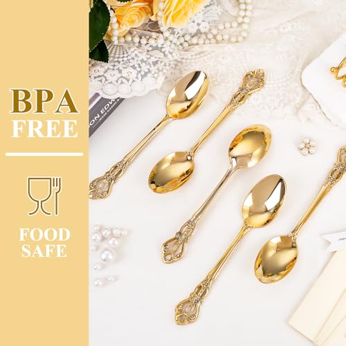 150PCS Gold Plastic Spoons 8.1inch Vintage Soup Spoons for Wedding (150 Count)