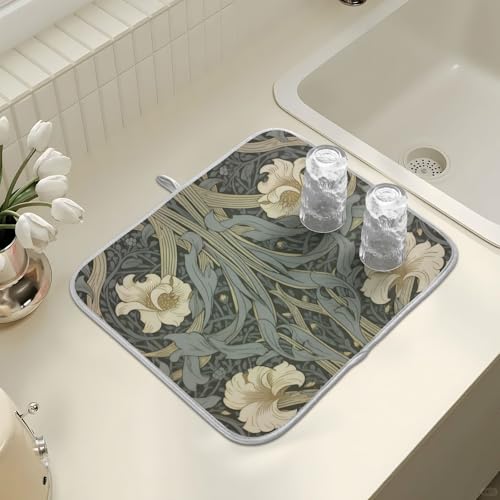 William Morris Flowers Print Dish Drying Mat for Kitchen Counter Absorbent Microfiber Small Drying Pad Dish Mats for Kitchen Countertops 16 x 18 Inch