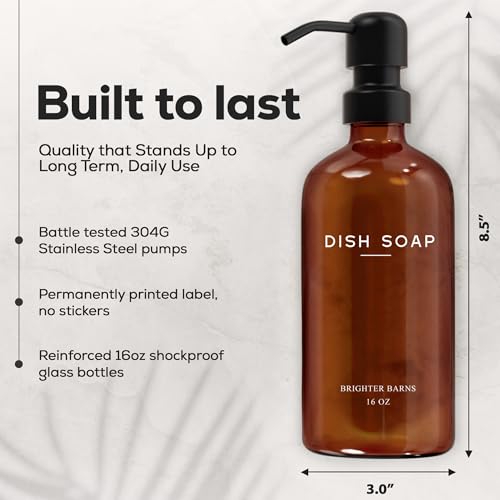 Amber Glass Hand and Dish Soap Dispenser Set by Brighter Barns (4 Count)