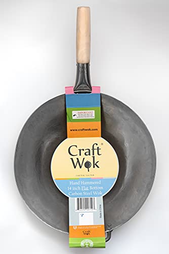 Flat Hand Hammered Carbon Steel Pow Wok with Wooden and Steel Helper Handle