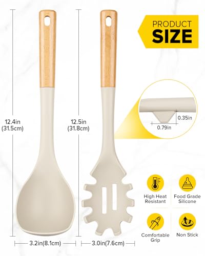 Silicone Soup Ladle and Pasta Spoon Set with Wooden Handle (2 Count)