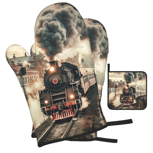 Train Travelling Oven Mitts and Pot Holders Sets of 3 Heat Resistant Oven Gloves Hot Pads Non (4.33 Count)