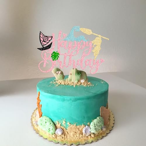 1Pcs Summer Cake Topper Glitter Tree Flower Happy Birthday Cake Pick Decoration for Tropical Hawaiian Luau Theme Baby Shower Kids Birthday Party Cake Decorations Supplies Pink