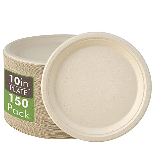 150 Pack Compostable Disposable Paper Plates 10 inch Super Strong 100% Bagasse Natural Biodegradable Eco (150 Count)