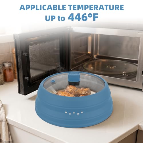Microwave Splatter Cover Glass Cover Guard Lid with Collapsible Silicone for Food Pot Plate Cover 11.8 inch Blue