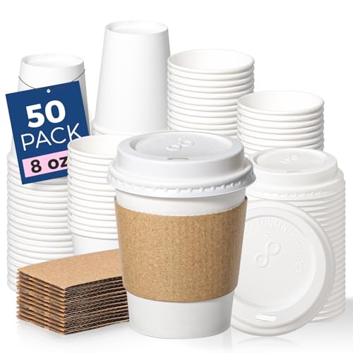 50 Pack 8 oz Disposable Coffee Cups with Lids (50 Count)