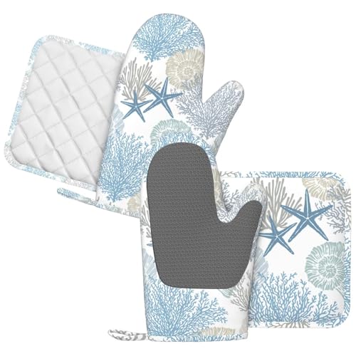 Nautical Coastal Oven Mitts and Pot Holders Sets Silicone Starfish Seashell Coral Beach Themed Kitchen Mitts Potholders Heat Resistant 4Pcs Ocean Oven Gloves Hot Pads for BBQ Grilling (4 Count)