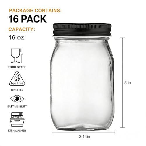 16oz Glass Jars With Airtight Lids And Bands (15 Count)