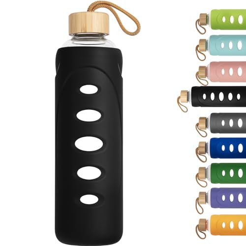 32 oz Narrow Mouth Glass Water Bottle with Windowed Silicone Sleeve