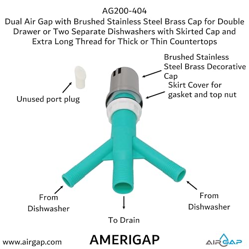Dual Air Gap with Brushed Stainless Steel Brass Cap for Double Drawer or Two Separate Dishwashers with Skirted Cap and Extra Long Thread for Thick or Thin Countertops