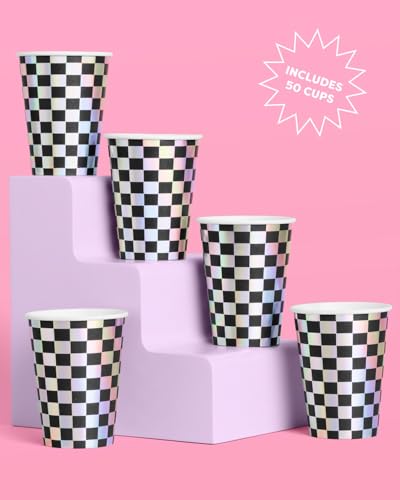 Party Decorations Checkered Black + Iridescent Paper Cups