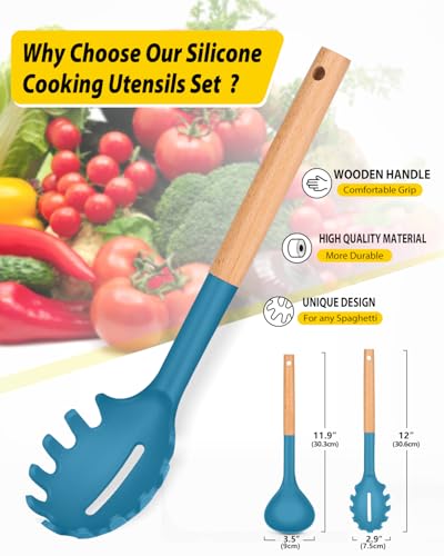 Silicone Pasta Fork and Ladle Spoon Set with Wooden Handle (2 Count)