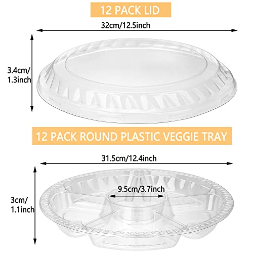 12 Pack Round Plastic Veggie Tray with Lid Fruit Tray 6 Divided Compartment Container Food Serving Dip Platter Reusable Catering Trays for Veggie Fruit Snack Party and Buffet Trays（Clear (12 Count)