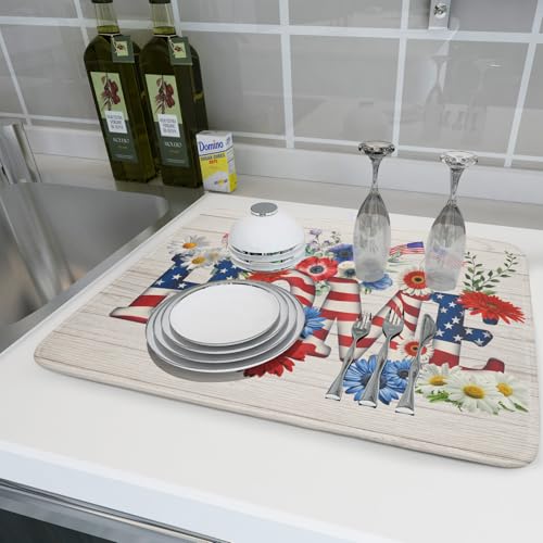 American Flag Dish Drying Mat Home Flowers Absorbent Dishes Pad for Kitchen Counter 18 X 24 In