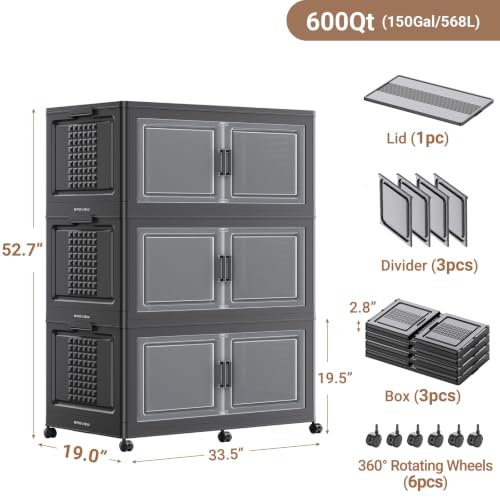 150Gal XL Stackable Storage Bins Foldable Box Cabinet for Home 3Pack Black (3 Count)