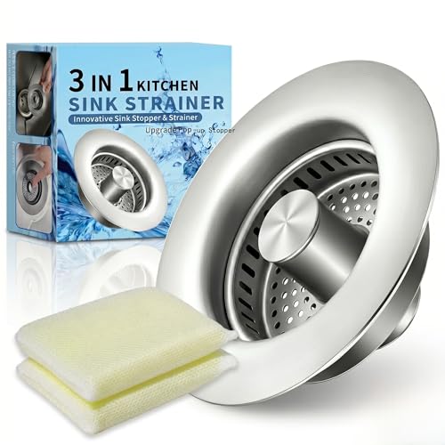 3-in-1 Kitchen Sink Drain Strainer and All-Purpose Sponges, Sink Stopper Pop-Up Drain Plug with Anti-Clogging Food Catcher Basket, Odor Blocker, Fits US Standard 3-1/2 Inch Sinks,Dish Sponges Safe