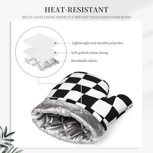 Black White Check Plaid Oven Mitts and Pot Holders Sets Silicone Black and White Checkered Plaid Kitchen Mitts Potholders Heat Resistant 4Pcs Oven Gloves Hot Pads for Cooking Grilling (4 Count)