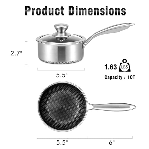 Hybrid Nonstick 1 Quart Stainless Steel Saucepan with Glass Lid