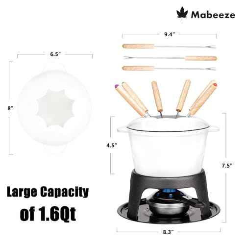 Cast Iron Fondue Pot Set White Enameled 1.6 Qt for Cheese