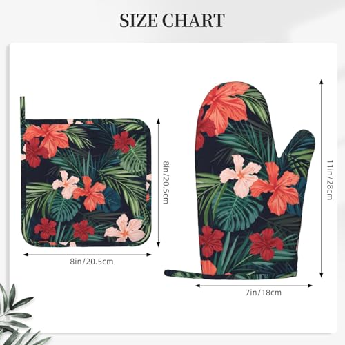Tropic Hawaiian Hibiscus Flower Oven Mitts Pot Holders Set Silicone Heat Resistant Green Leaves Red Floral Oven Mitts and Hot Pads Potholders Non