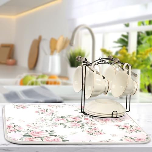 Floral Pink Roses Bouquets Dish Drying Mat for Kitchen Counter Absorbent Microfiber Drying Pad