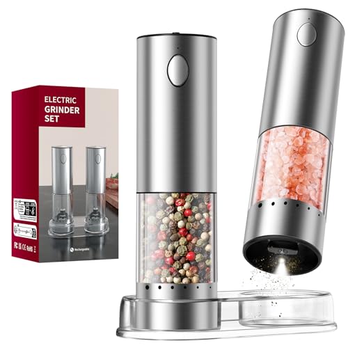 Electric Salt and Pepper Grinder Set Rechargeable Stainless Steel Salt and Pepper Shakers with LED Light and Storage Base (2 Count)