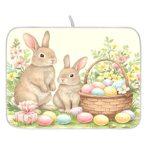 Cute Easter Bunny Rabbit Eggs Dish Drying Mat for Kitchen Counter Absorbent Microfiber Small Drying Pad Dish Mats for Kitchen Countertops 16 x 18 Inch