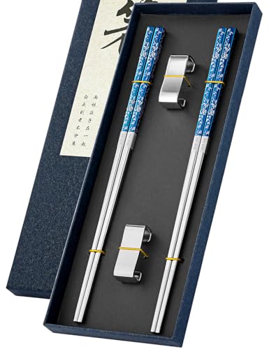 Metal Chopsticks Reusable 2 Pairs Titanium Plated Stainless Steel Chopsticks with Holder
