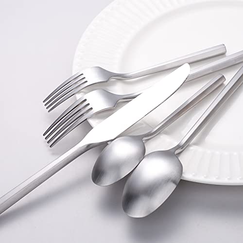 Matte Silverware Set Silver Flatware Set with Hexagon Handle 20 Pieces 18 (20 Count)