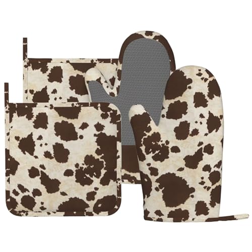 Brown Cowhide Oven Mitts and Pot Holders Sets Silicone Brown Cow Print Kitchen Mitts Cowhide Skin Pattern Potholders Heat Resistant 4Pcs Oven Gloves Hot Pads for Kitchen Baking Cooking (4 Count)
