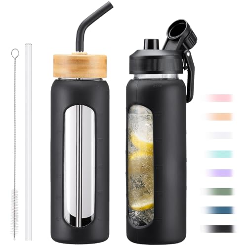 24oz Glass Water Bottle with Straw and 2 Lids