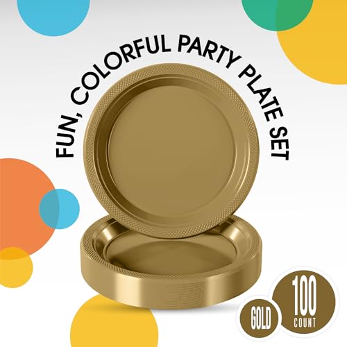 Exquisite Party Solids Sturdy Gold Plastic Plates 10" Party Plates 100 Pcs (100 Count)
