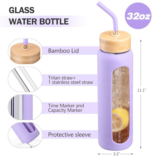 32oz Glass Water Bottle with Straw and 2 Lids