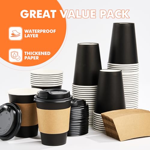 50 Pack 12 oz Disposable Coffee Cups with Lids and Sleeves (50 Count)